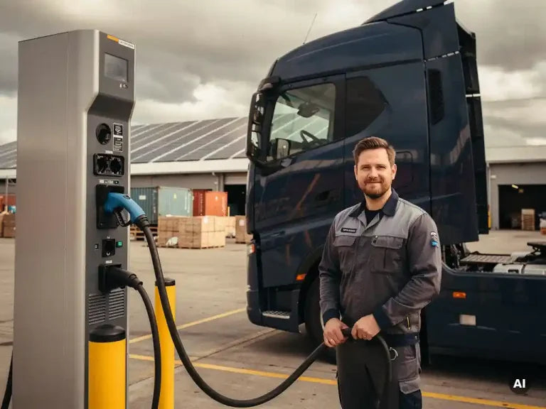 Vrachtwagenchauffeur naast elektrische vrachtwagen bij laadstation in logistiek centrum, zonnepanelen op magazijndak op achtergrond.