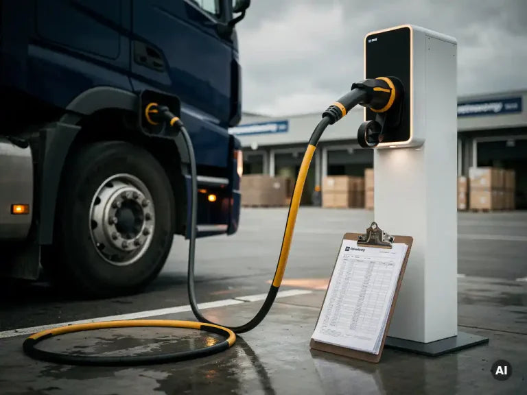Elektrische vrachtwagen aangesloten op wit laadstation bij logistiek depot, klembord met routepapieren tegen de lader.