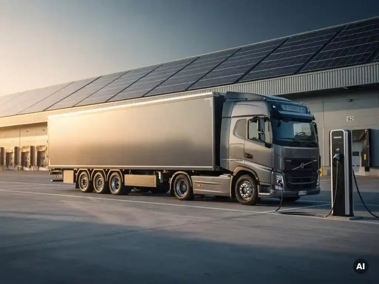 Elektrische vrachtwagen aangesloten op laadstation bij logistiek bedrijf, zonnepanelen op magazijndak op de achtergrond.